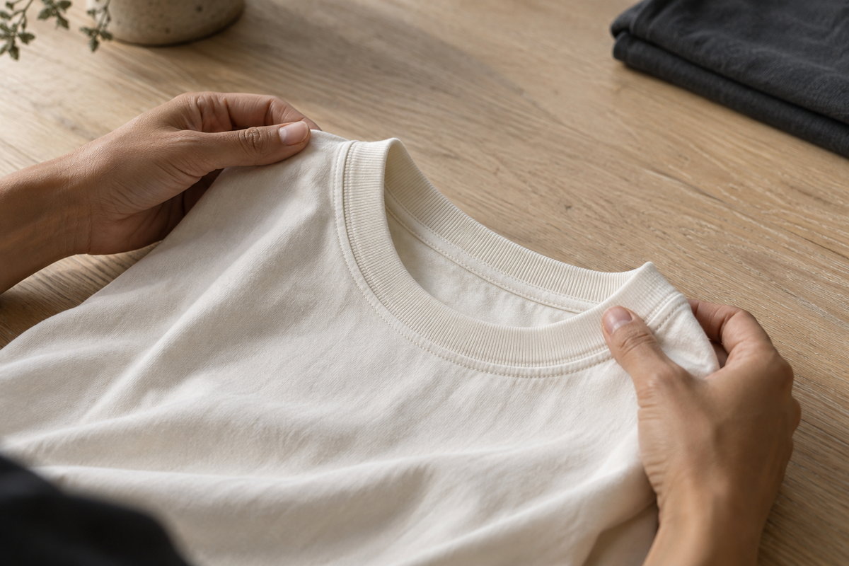 Hands holding the neckline of an ivory tee.