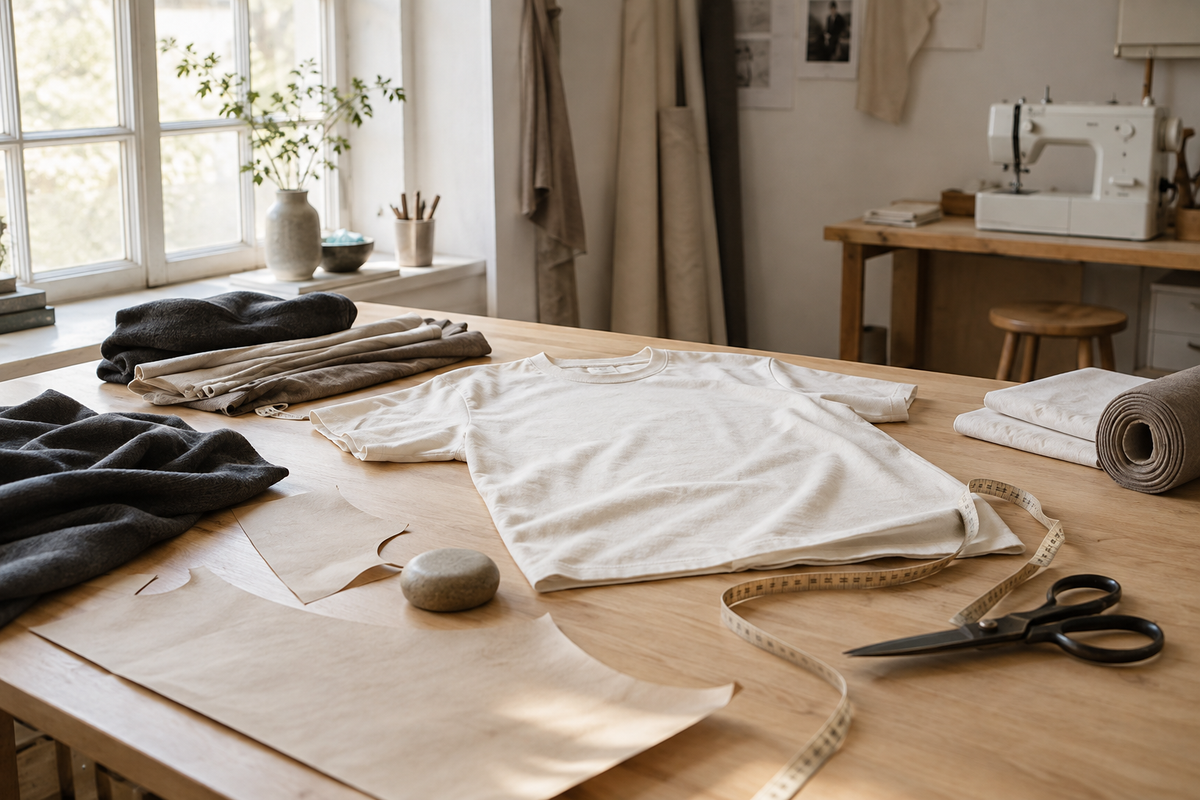 Sunlit worktable with an ivory tee, fabric and sewing tools.